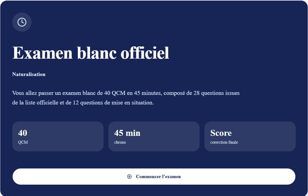 Écran de lancement de l'examen blanc officiel avec 40 QCM, 45 minutes et score final